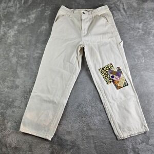 Levis Boy Jeans Womens 27x24 Cream Denim Patches Carpenter Hammer Loop Baggy